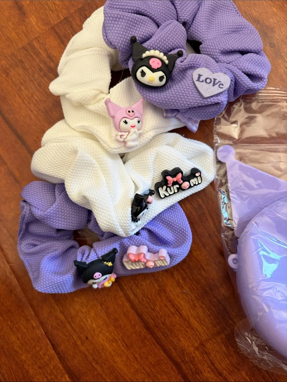 Kuromi Purple and White Hair Scrunchies with Matching Purple Coin Pouch